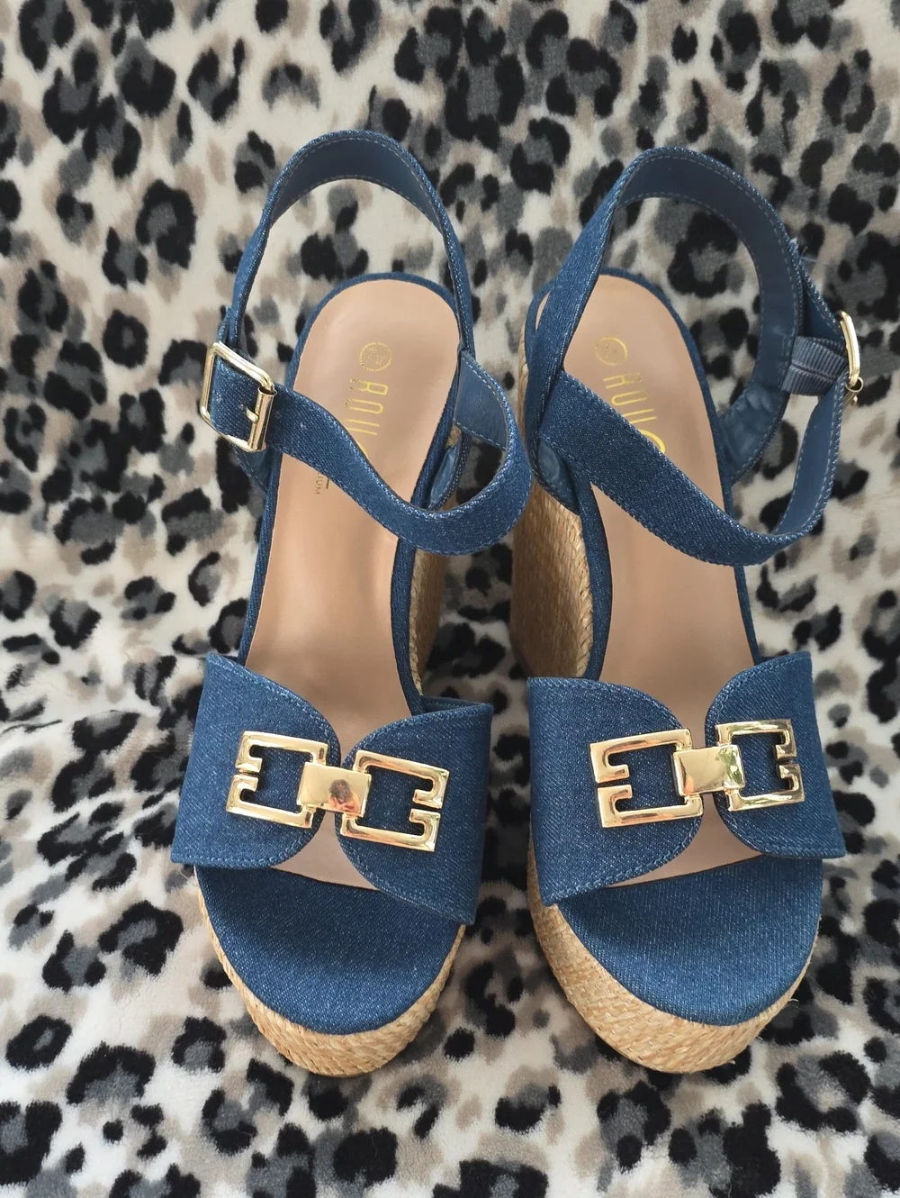 Rouge! Denim Blue Wedge Sandals with Gold Buckle